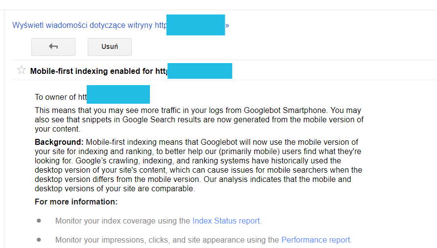 Google Search Console - Mobile First Indexing powiadomienie