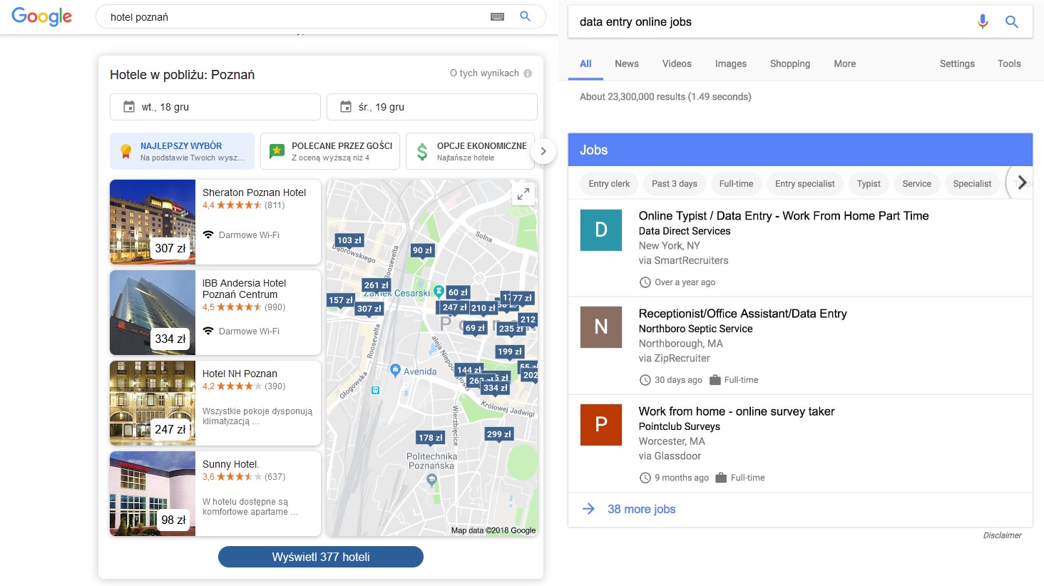 Hotele i oferty pracy w wyszukiwarce Google