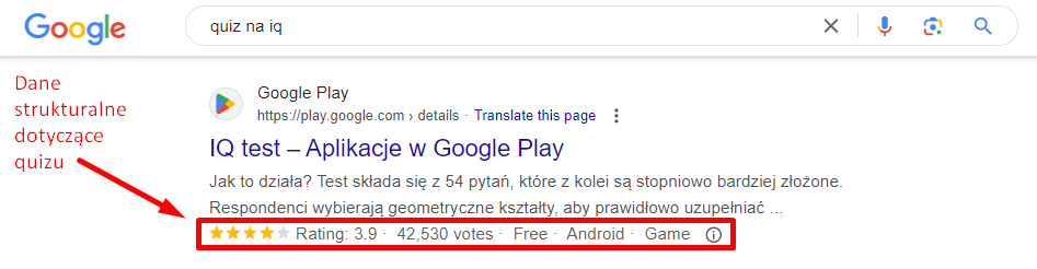 Dane strukturalne dotyczące quizu