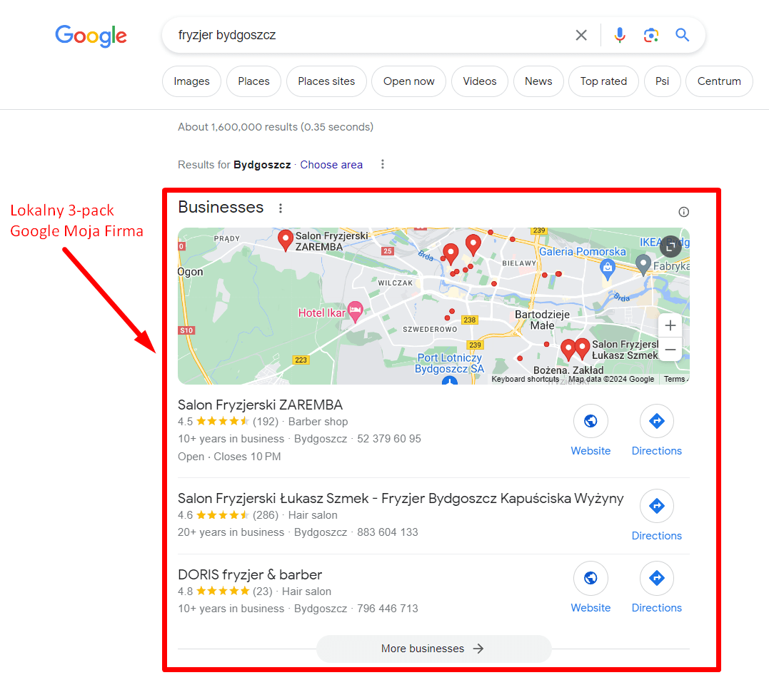 Przykład zwiększonej widoczności poprzez wizytówkę Google Moja Firma w lokalnym 3-packu.