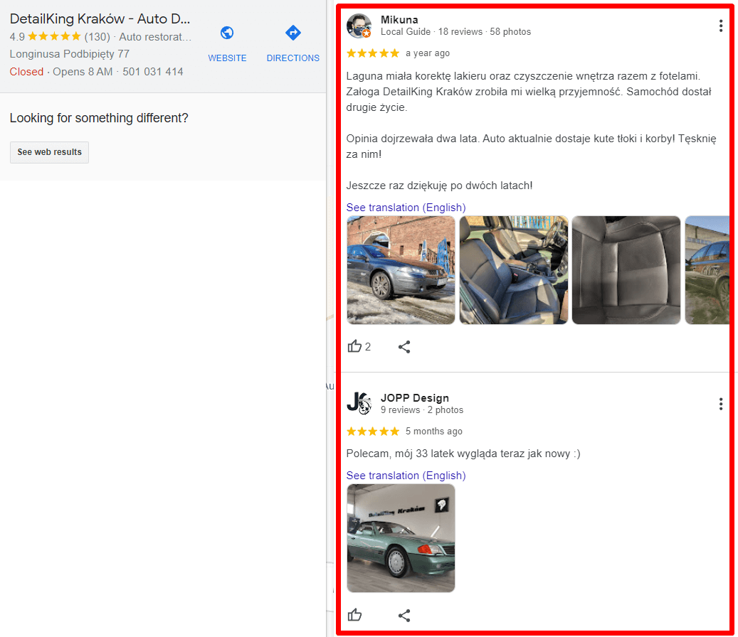 Przykładowe opinie Google My Business zawierające wszystkie niezbędne elementy wzbudzające wiarygodność.