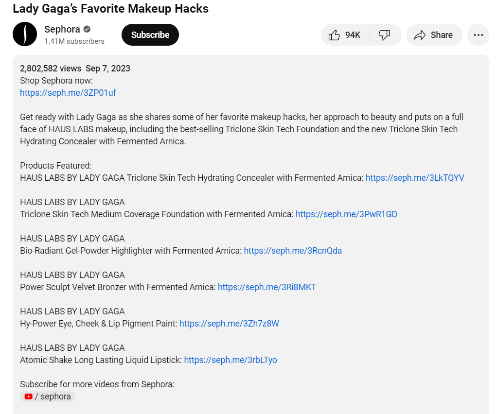 Linki prowadzące do zakupów pod wideo Sephora na YouTube.