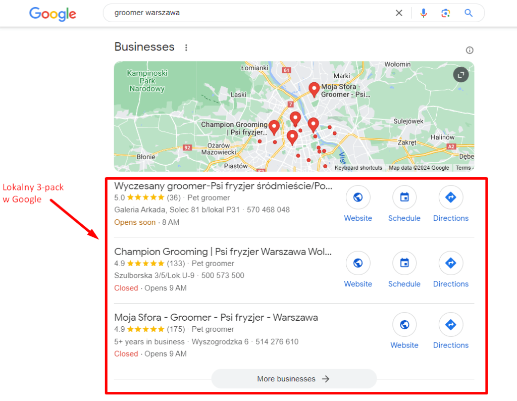 Lokalny 3-pack w Google