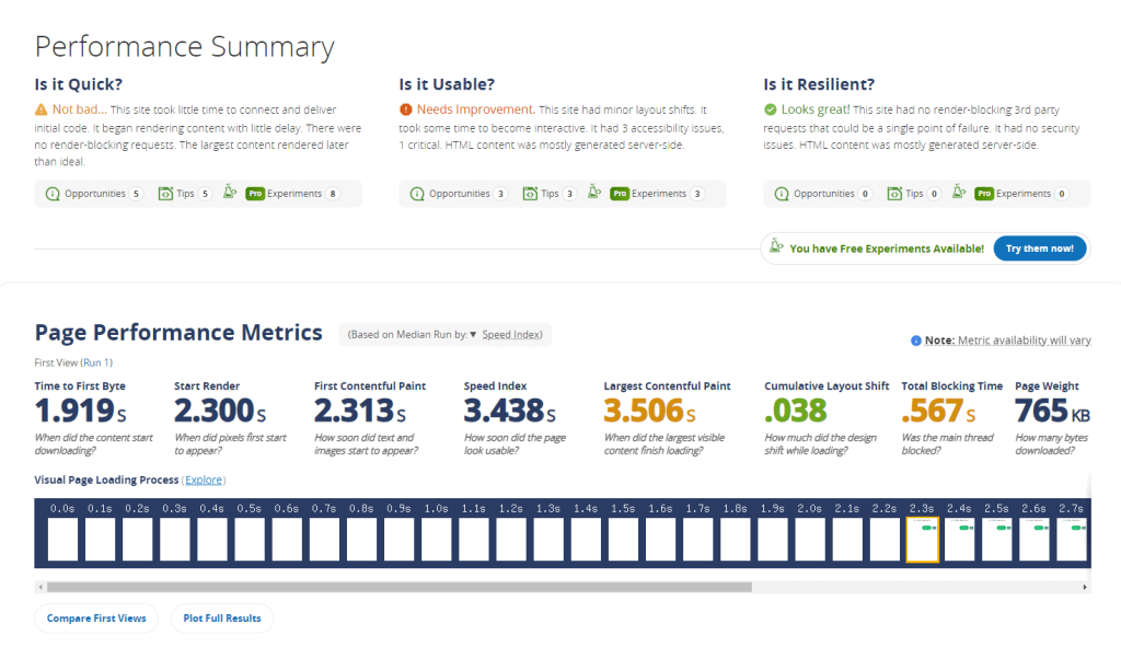 Wyniki wydajności serwisu w WebPageTest.