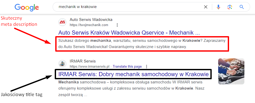 Zoptymalizowany title tag i meta description