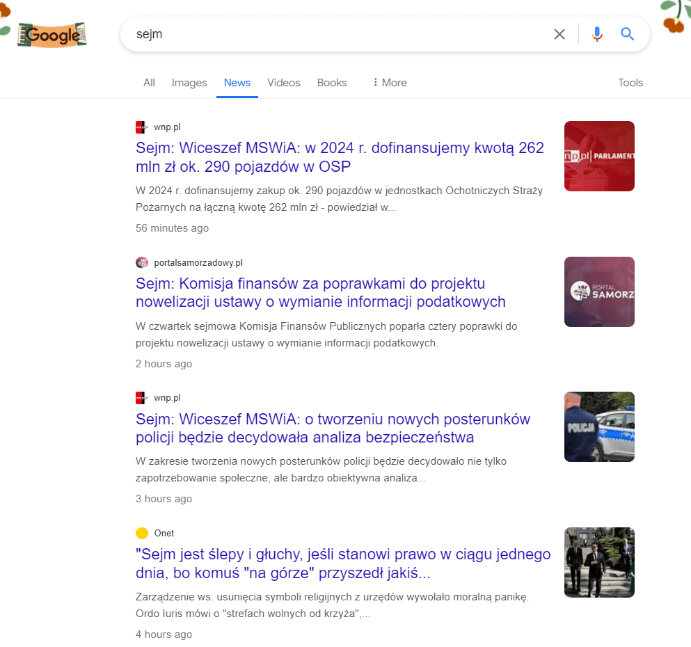 Polityczne nowości w sekcji News w wyszukiwarce Google.