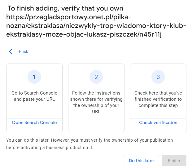 Weryfikacja witryny w Google Publisher Center.