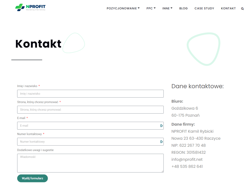 Intuicyjny formularz kontaktowy pozwalający na kontakt z supportem NPROFIT.