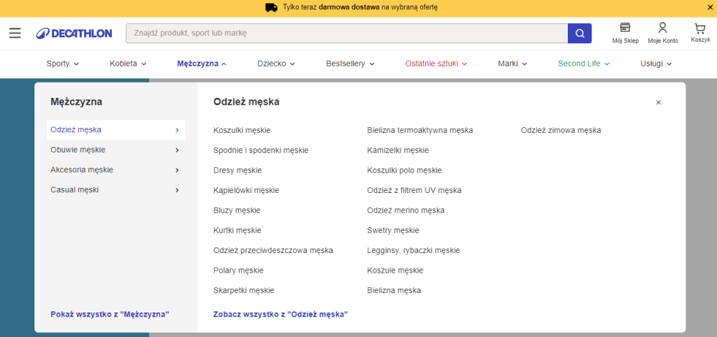 Intuicyjna nawigacja serwisu Decathlon.
