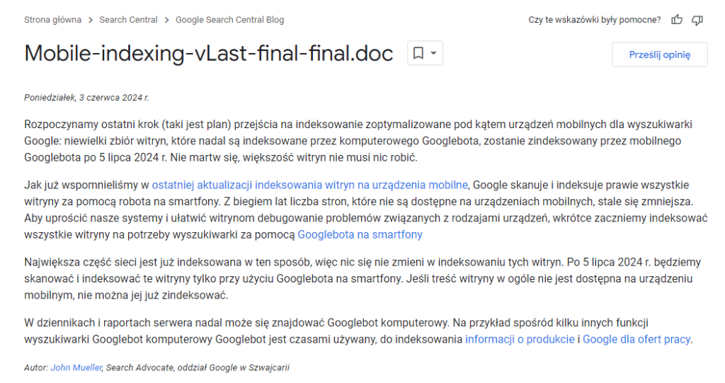 Pełna treść najnowszego dokumentu z 3 czerwca 2024 roku na temat indeksowania mobilnego. 