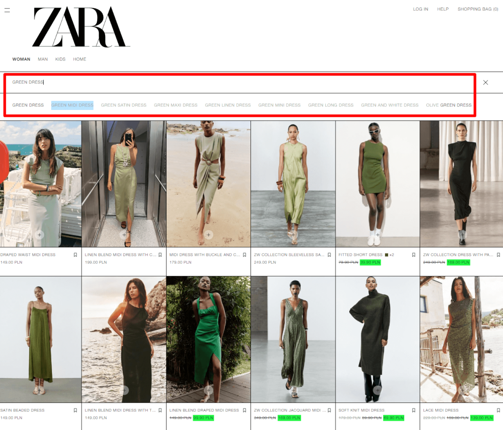 Zaawansowane funkcje wyszukiwania w serwisie Zara.