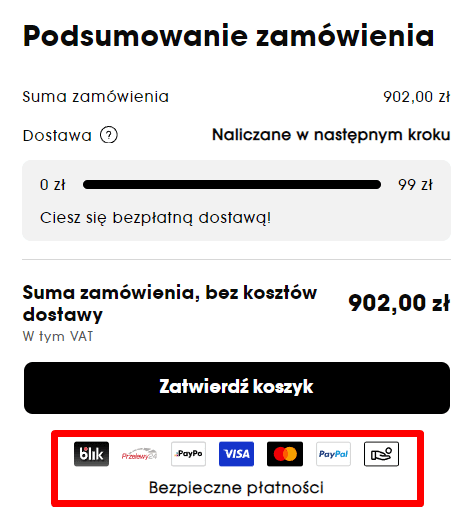 Bezpieczne opcje płatności w koszyku firmy Sephora. 