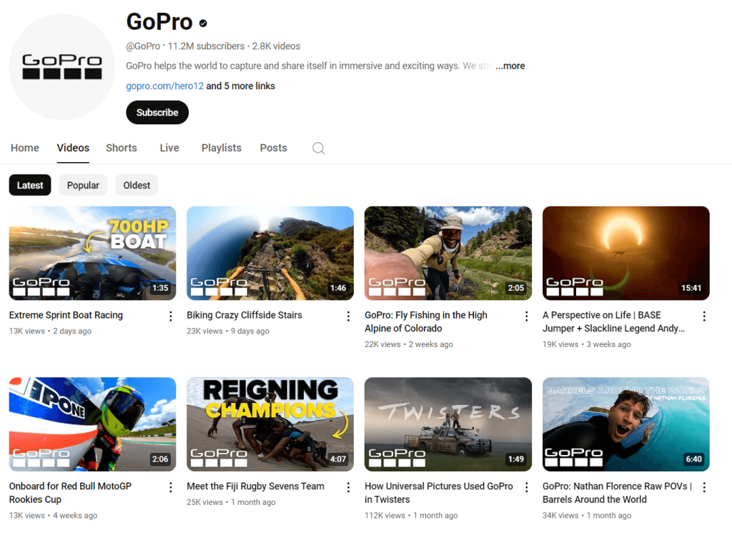 Kanał GoPro na YouTube przedstawiający nagrania z udziałem użytkowników.