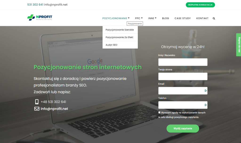 Spersonalizowana oferta NPROFIT z wezwaniem do działania na pozycjonowanie.