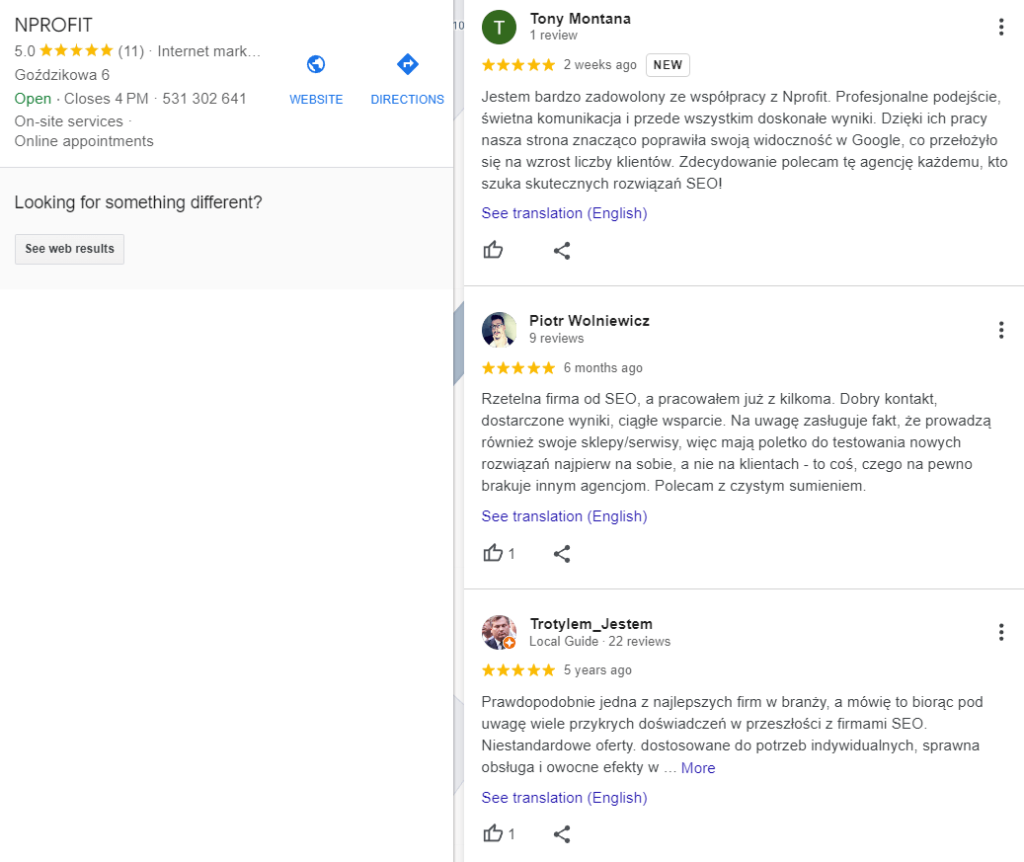 Społeczne dowody słuszności w postaci recenzji na temat funkcjonowania agencji NPROFIT.