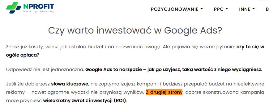 Przykład wykorzystania słowa łączącego łagodzącego przeskok tematyczny