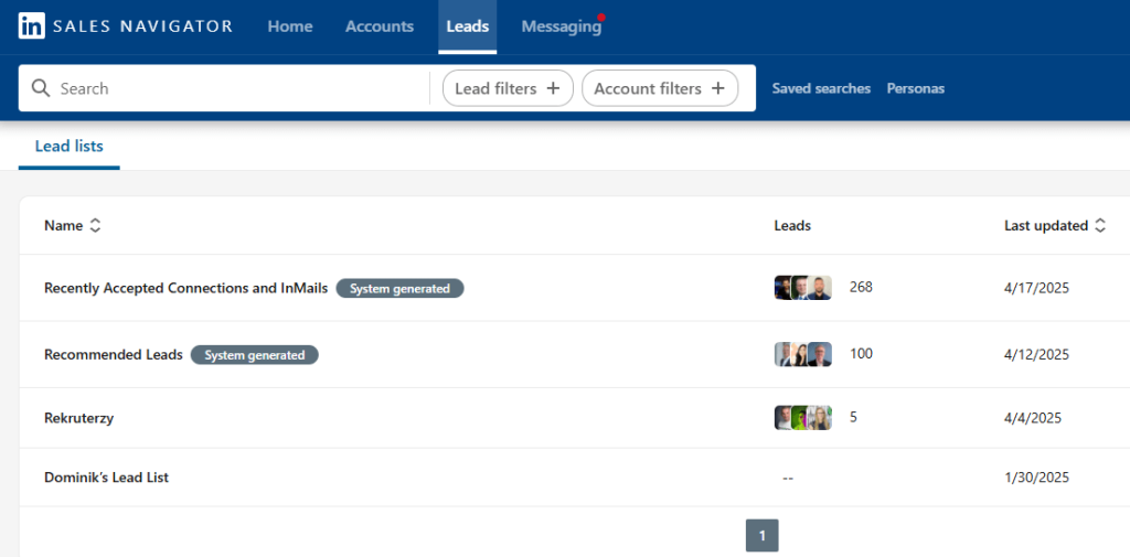 Przykładowe listy leadów w Sales Navigator.